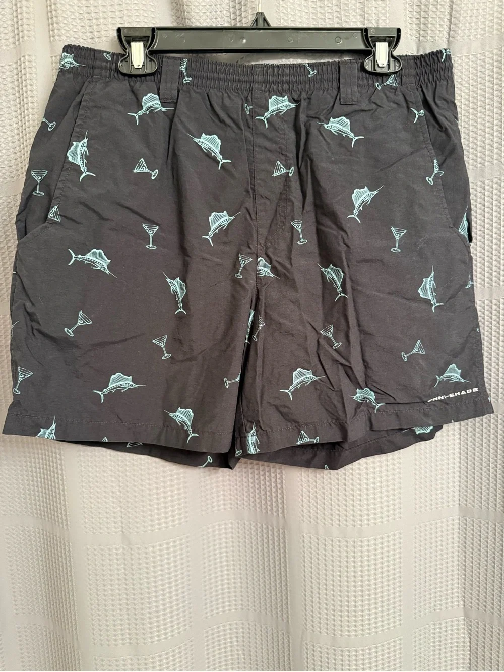 Columbia PFG Black Swim Trunks with Marlin Fish & Martini Cocktail Print